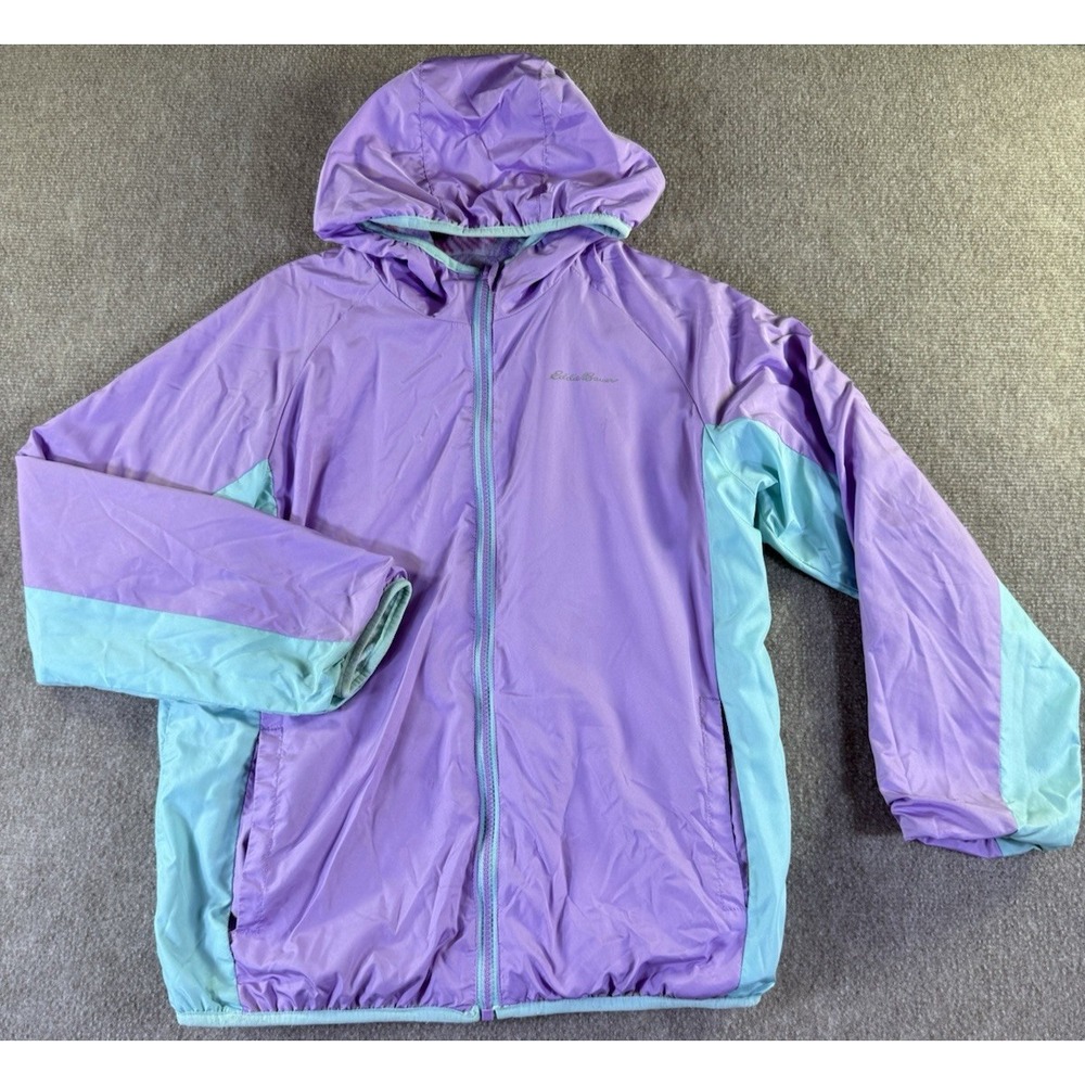 Eddie Bauer Girls Reversible Windbreaker/Fleece Hooded Jacket Size L Purple/Teal - Picture 4 of 14